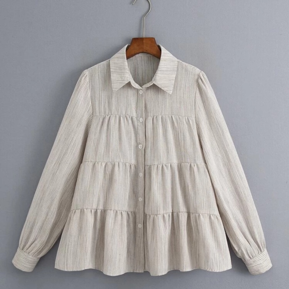 SHEIN Pinstripe Ruffle Hem Button Up Blouse